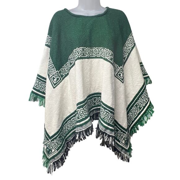 Loomcroft Irish Celtic Knot Green Cream Reversible Knit Blanket Poncho One Size - Picture 2 of 4